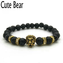 Load image into Gallery viewer, Cute Bear Brand Antique Gold Lion Head Men Bracelet Matte Volcano Lava Stone Bracelet Women Men Fashion Bracelet Jewelry Animal - ErozgarBatch07135